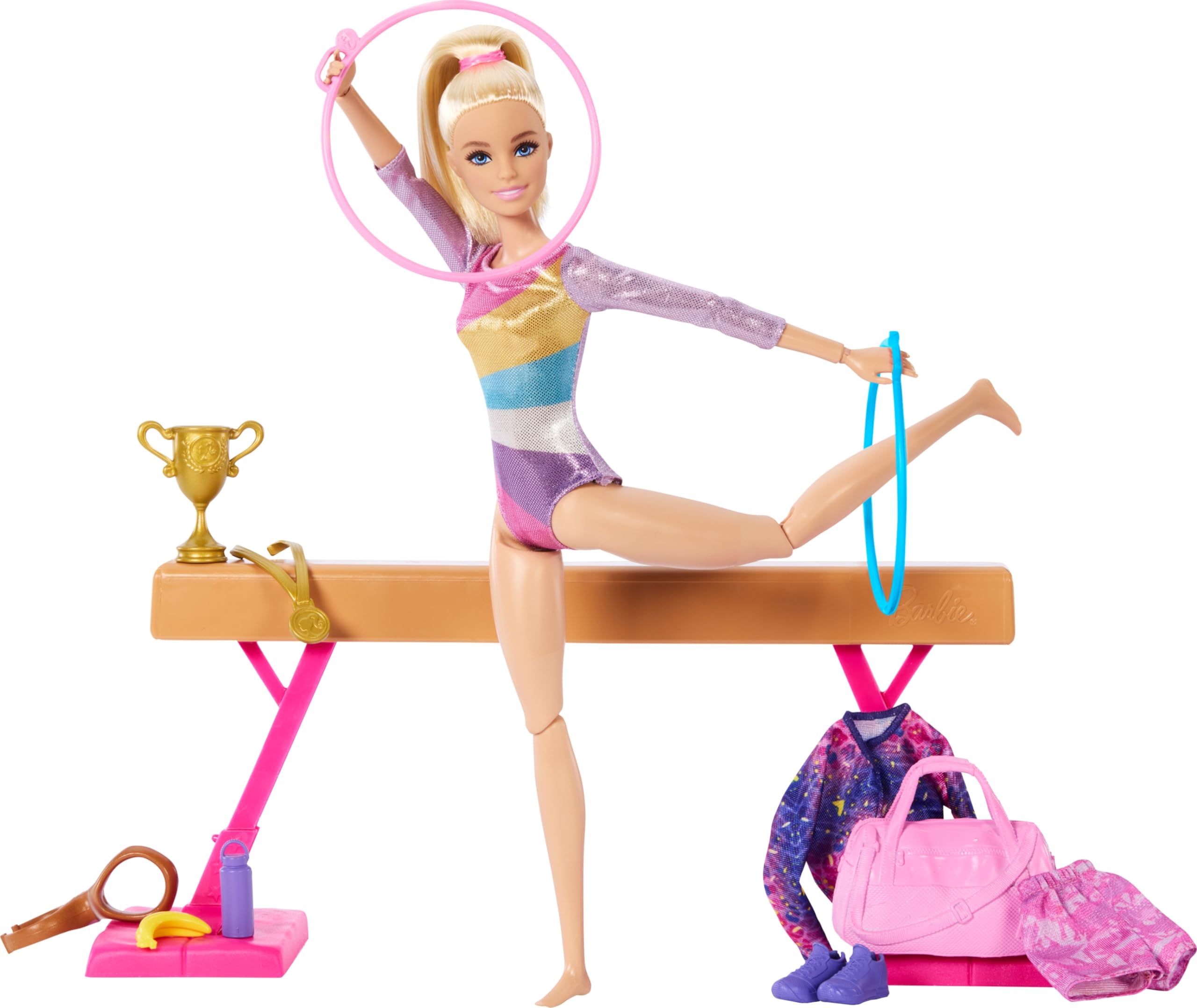 Barbie Gymnastics Doll & Accessories, Playset with Blonde Fashion Doll, C-Clip for Flipping Action, Balance Beam, Warm-Up Suit & More Blonde Doll