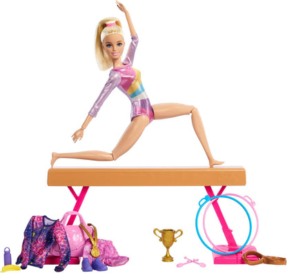Barbie Gymnastics Doll & Accessories, Playset with Blonde Fashion Doll, C-Clip for Flipping Action, Balance Beam, Warm-Up Suit & More Blonde Doll