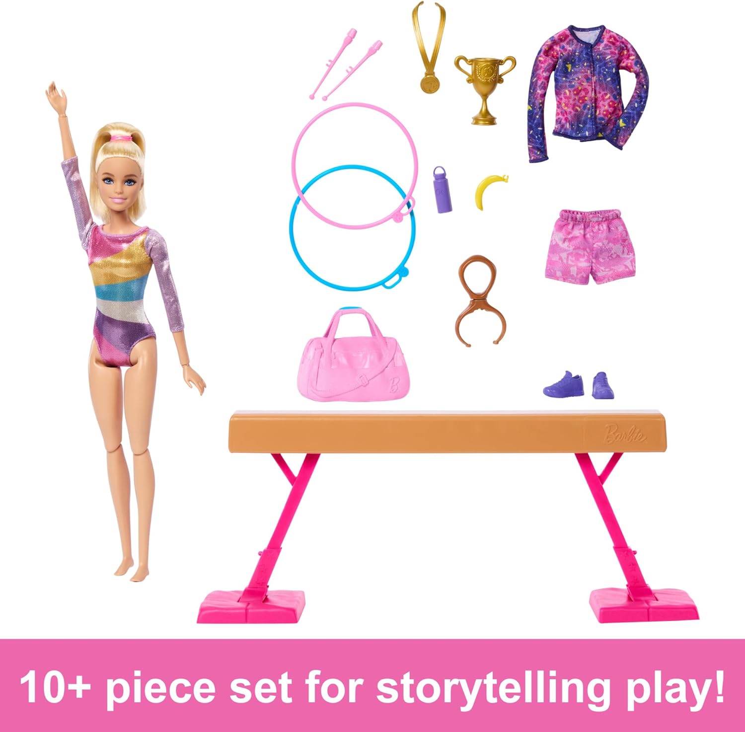 Barbie Gymnastics Doll & Accessories, Playset with Blonde Fashion Doll, C-Clip for Flipping Action, Balance Beam, Warm-Up Suit & More Blonde Doll