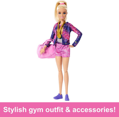 Barbie Gymnastics Doll & Accessories, Playset with Blonde Fashion Doll, C-Clip for Flipping Action, Balance Beam, Warm-Up Suit & More Blonde Doll