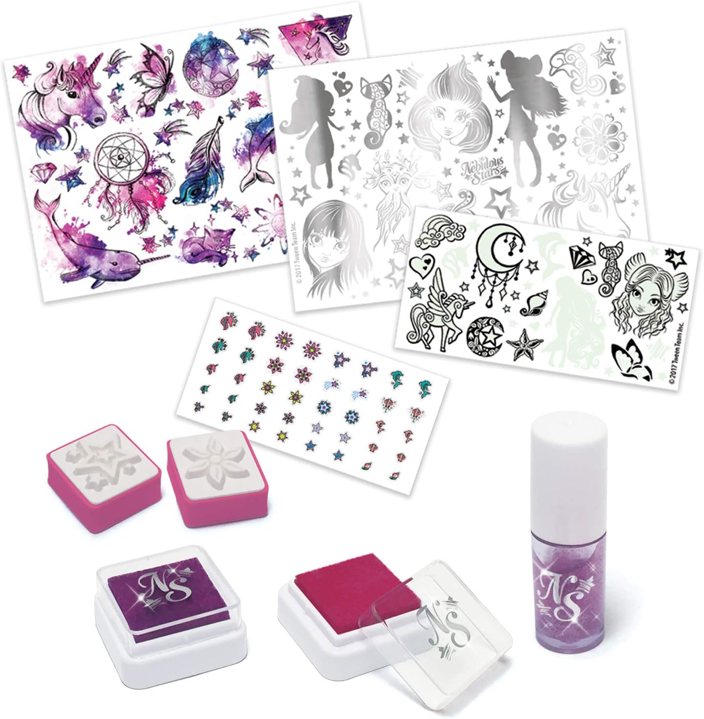 Nebulous Stars Creative Tattoo and Nail Art Set with Tattoo and Body Paint for Skin and Nails for Girls Aged 7+