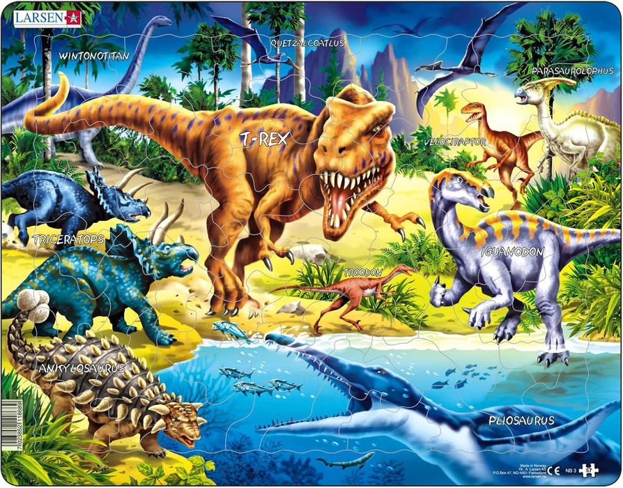 Larsen NB3 Dinosaurs from the Cretaceous Period Jigsaw Puzzle for Kids, Neutral Edition - 57 Piece Puzzle |Children Learning and Development | Boxless Tray & Frame Included | Made in Norway
