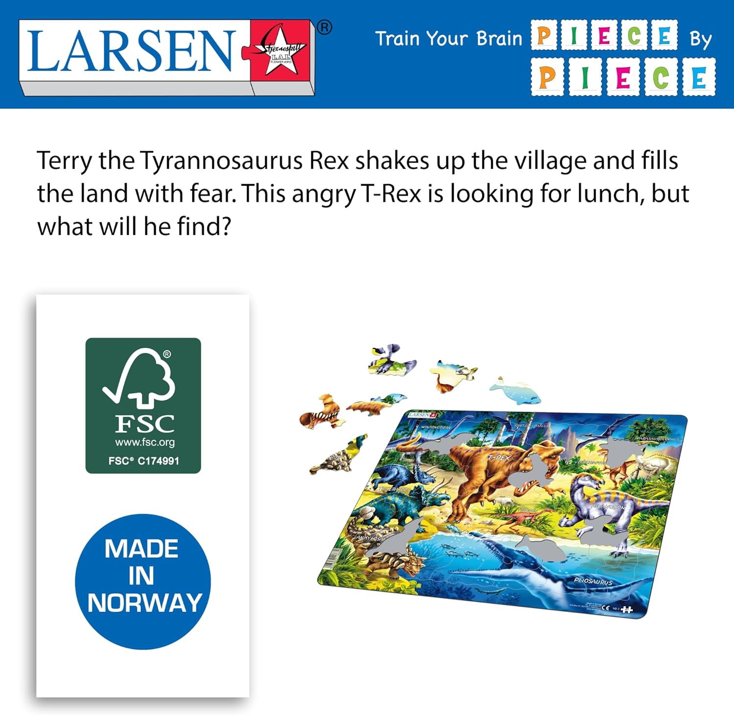 Larsen NB3 Dinosaurs from the Cretaceous Period Jigsaw Puzzle for Kids, Neutral Edition - 57 Piece Puzzle |Children Learning and Development | Boxless Tray & Frame Included | Made in Norway