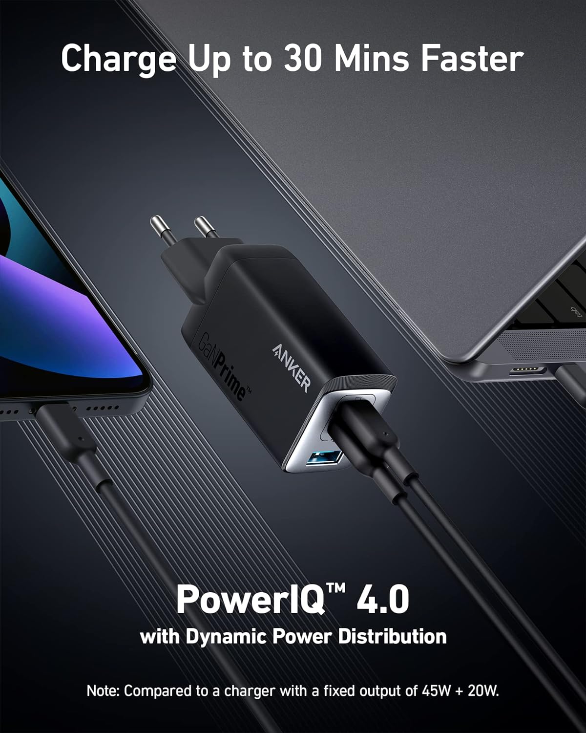 Anker Cargador USB C, Cargador Anker 735 (GaNPrime 65W), Cargador rápido y Compacto de 3 Puertos para MacBook Pro/Air, iPad Pro, Galaxy S22/S21, HP Spectre, Note 20/10+, iPhone 13/Pro, Pixel, etc.