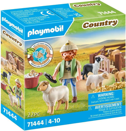 Playmobil 71444 Country: Young Shepherd with Flock of Sheep, with a border collie, hair trimmer and straw strip, fun imaginative role-play, sustainable play sets suitable for children ages 4+