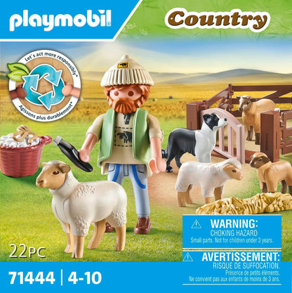 Playmobil 71444 Country: Young Shepherd with Flock of Sheep, with a border collie, hair trimmer and straw strip, fun imaginative role-play, sustainable play sets suitable for children ages 4+