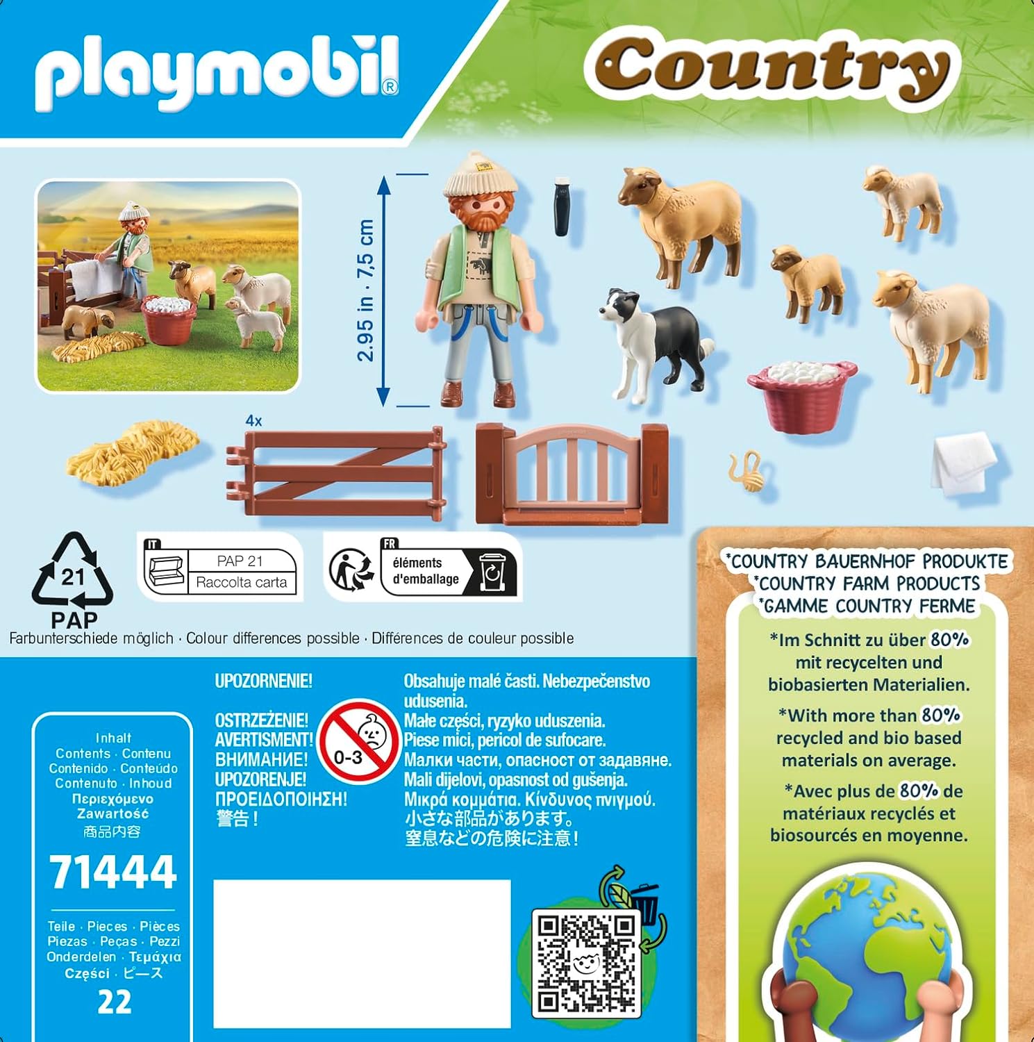 Playmobil 71444 Country: Young Shepherd with Flock of Sheep, with a border collie, hair trimmer and straw strip, fun imaginative role-play, sustainable play sets suitable for children ages 4+