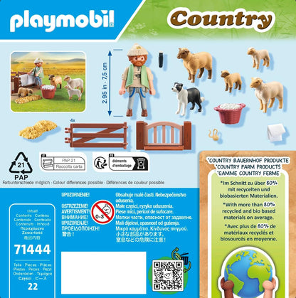 Playmobil 71444 Country: Young Shepherd with Flock of Sheep, with a border collie, hair trimmer and straw strip, fun imaginative role-play, sustainable play sets suitable for children ages 4+