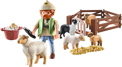 Playmobil 71444 Country: Young Shepherd with Flock of Sheep, with a border collie, hair trimmer and straw strip, fun imaginative role-play, sustainable play sets suitable for children ages 4+