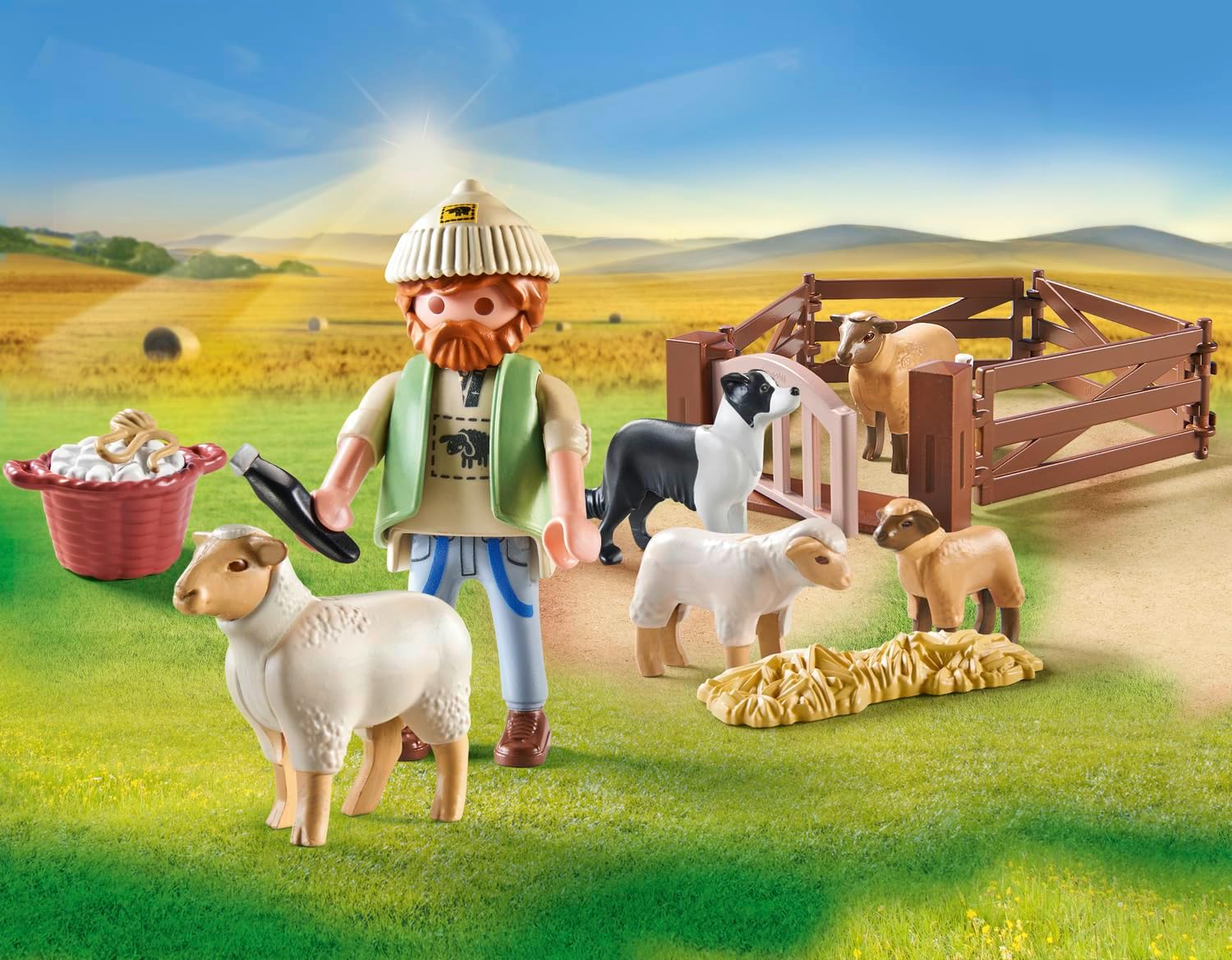 Playmobil 71444 Country: Young Shepherd with Flock of Sheep, with a border collie, hair trimmer and straw strip, fun imaginative role-play, sustainable play sets suitable for children ages 4+