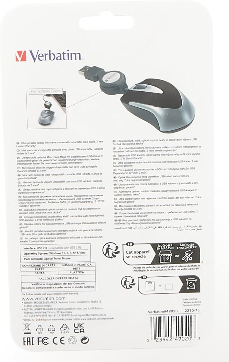 Verbatim 99999 Go Mini - USB Optical Travel Mouse with Retractable Cable