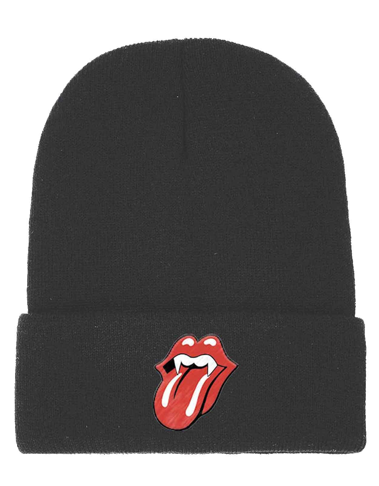 The Rolling Stones Beanie Hat Fang Tongue Band Logo Official Black Unisex One Size