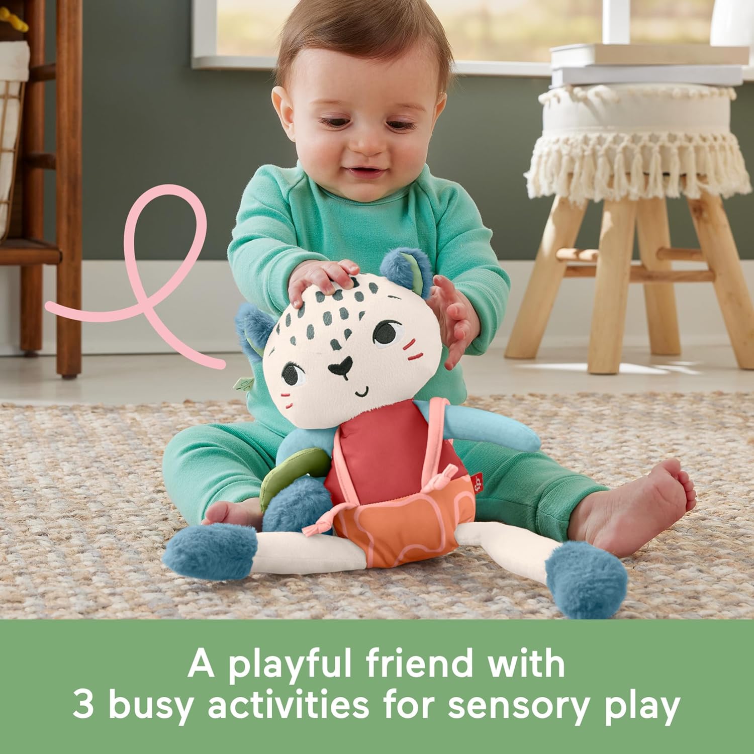 Fisher-Price Planet Friends Leopardo de Las Nieves, Juguete sensorial para bebé recién Nacido, Fabricado con un 95% de plástico Reciclado y envasado con Certificado FSC (Mattel HKD64