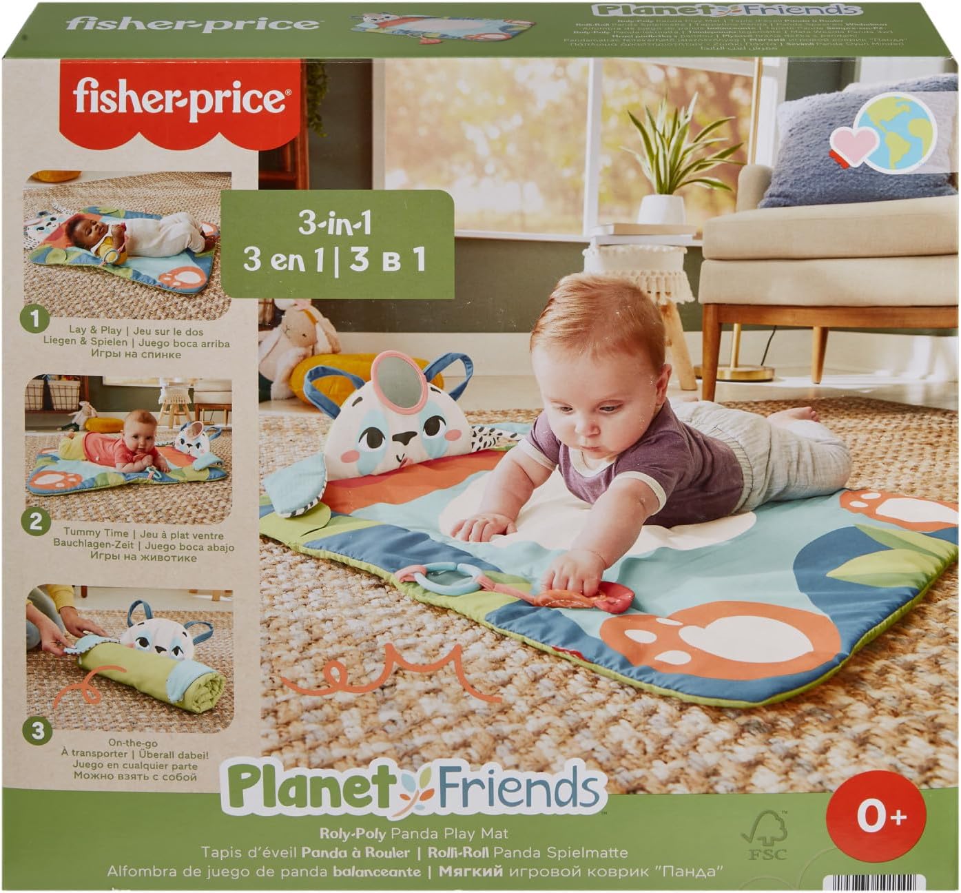 Fisher-Price Planet Friends Alfombra Panda 3 en 1 Manta de actividades, recién nacido, fabricado con un 90% de plástico reciclado y embalaje certificado FSC, (HKD65