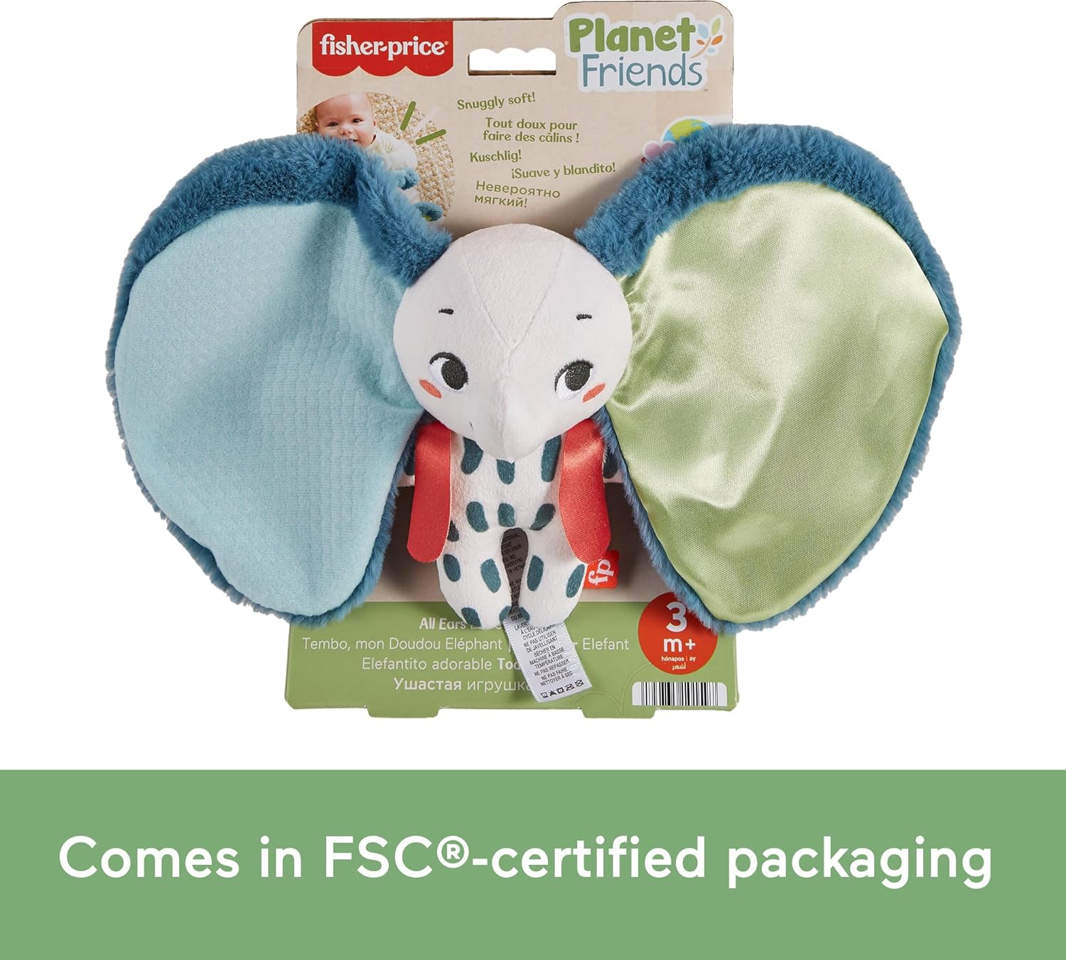 Fisher-Price Baby Sensory Toy Planet Friends All Ears Lovey, Plush Elephant for Newborns Ages 3+ Months, Made of 90% recycled Plastic and FSC certified packaging, HKD63