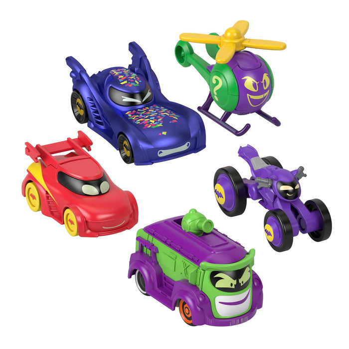 Fisher-Price DC Batwheels 1:55 Scale Toy Cars 5-pack, Bam Batmobile Redbird Prank Bibi & Quizz, Batcast Metal Diecast Vehicles, Ages 3+, HML21 Confetti Pack
