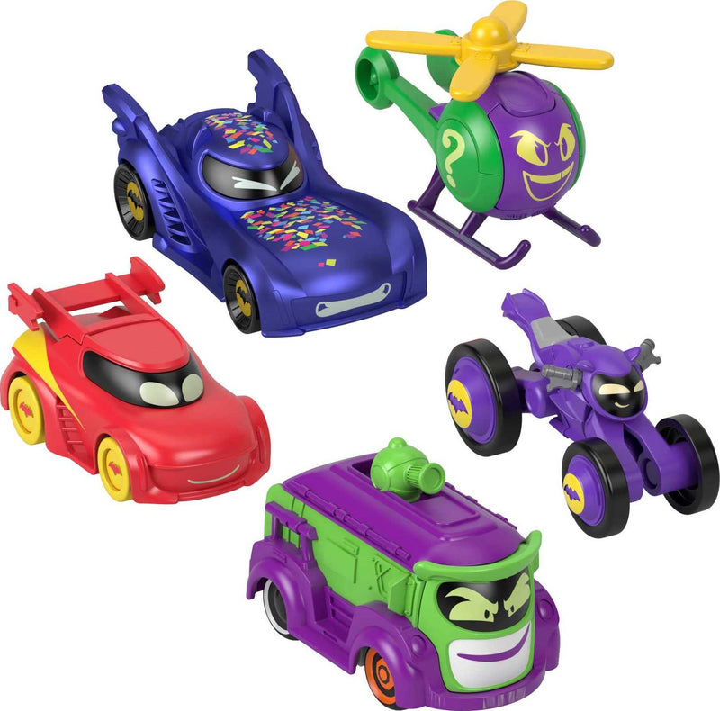Fisher-Price DC Batwheels 1:55 Scale Toy Cars 5-pack, Bam Batmobile Redbird Prank Bibi & Quizz, Batcast Metal Diecast Vehicles, Ages 3+, HML21 Confetti Pack