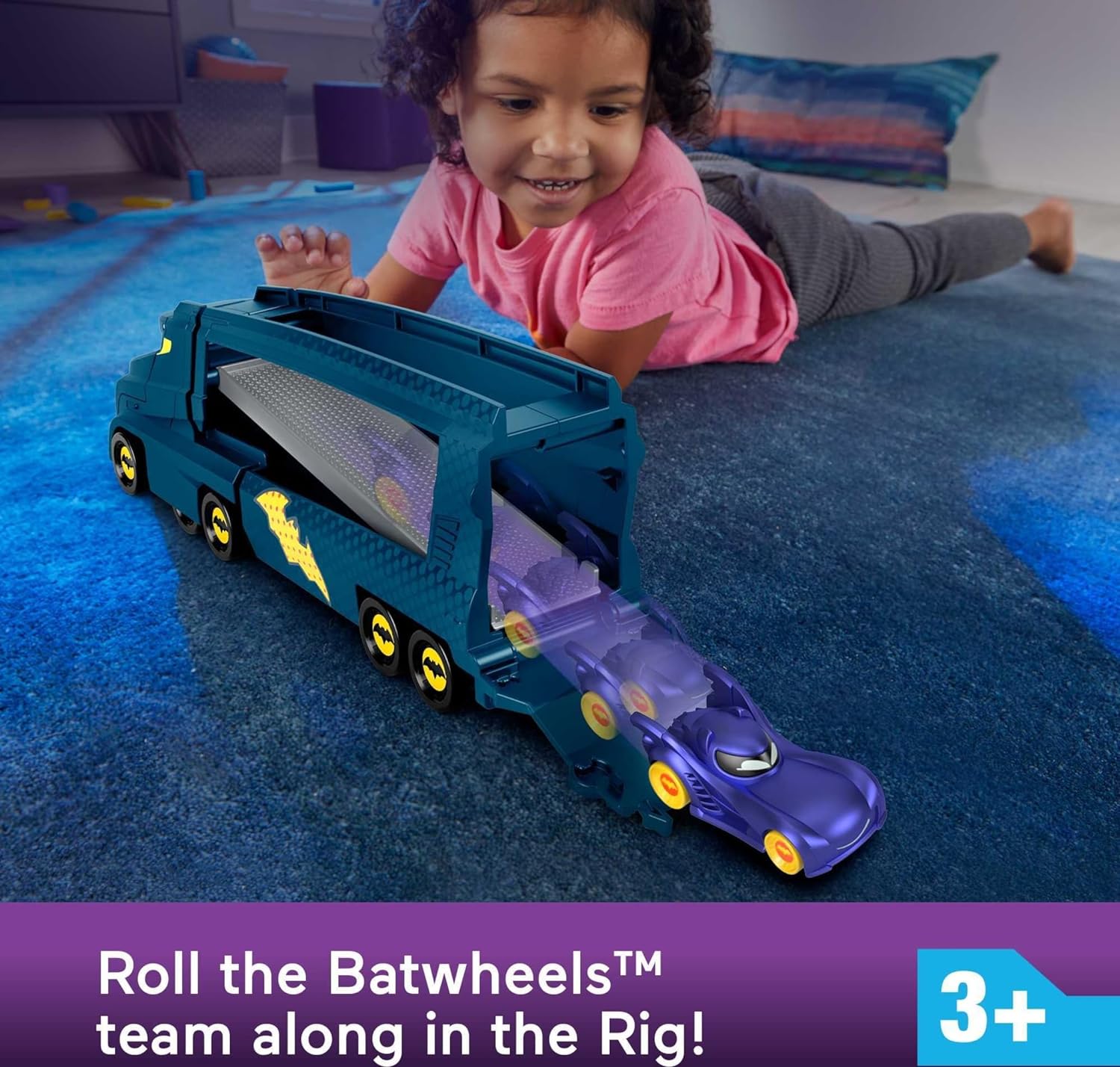 Fisher-Price DC Batwheels Toy Hauler and Car, Bat-Big Rig with Ramp and Bam the Batmobile 1:55 Scale Diecast Toy Vehicle, Ages 3+ Years, HMX07