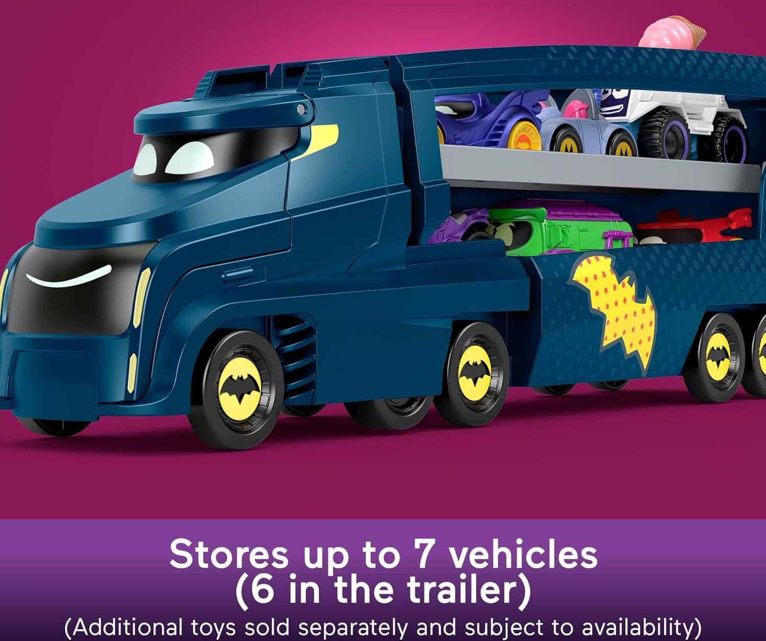 Fisher-Price DC Batwheels Toy Hauler and Car, Bat-Big Rig with Ramp and Bam the Batmobile 1:55 Scale Diecast Toy Vehicle, Ages 3+ Years, HMX07