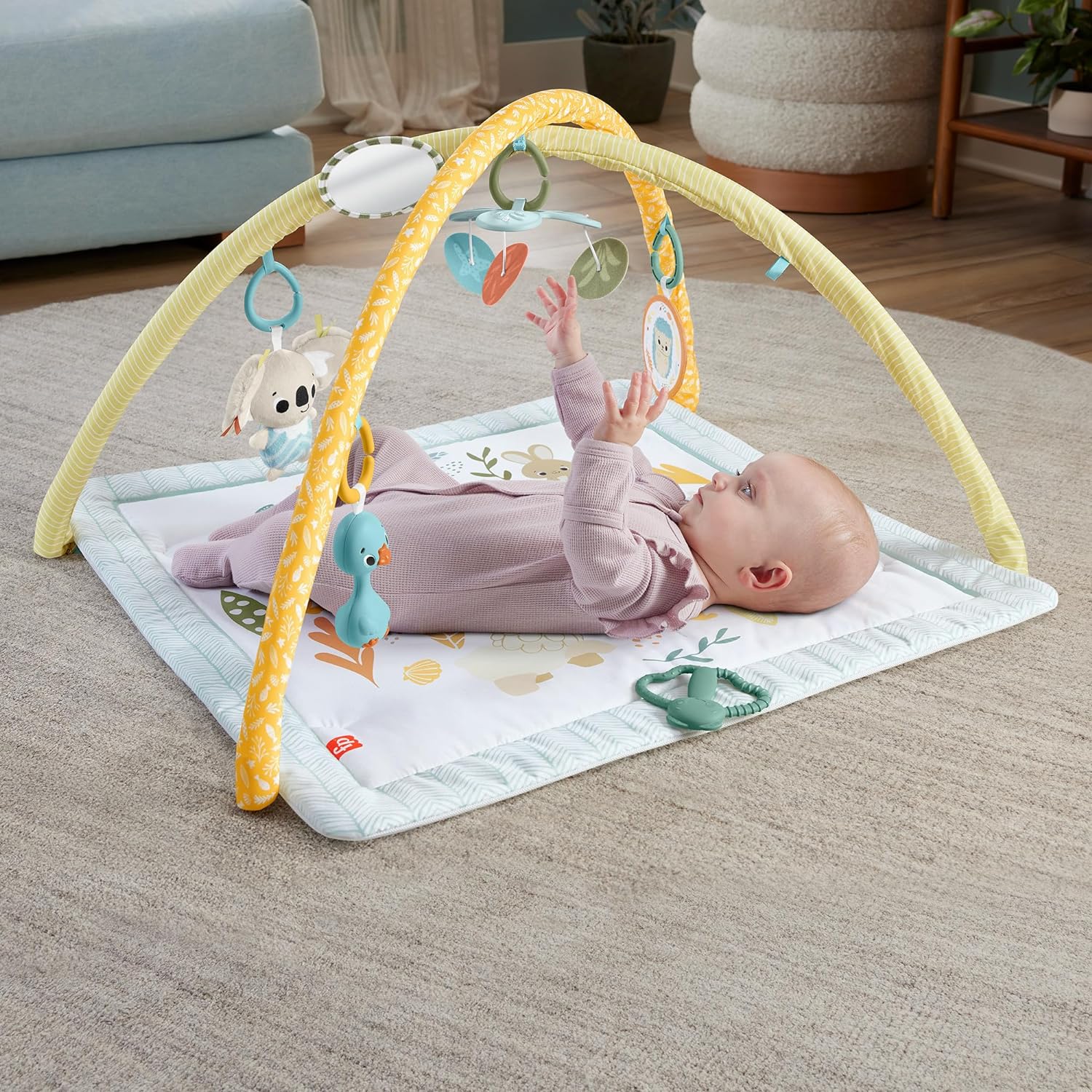 Fisher-Price Baby Activity Mat Simply Senses Newborn Gym with 6 Portable Sensory Toys for Newborns, HRB15