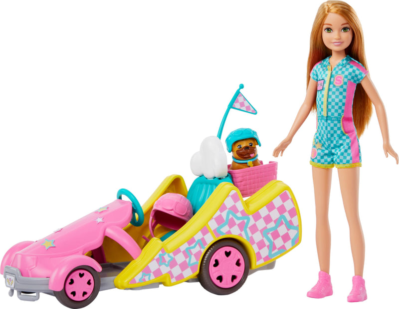 Barbie Muñeca Stacie con Kart Coche de Juguete, Mascota y Accesorios, de la película Stacie al Rescate, +3 años (Mattel HRM08