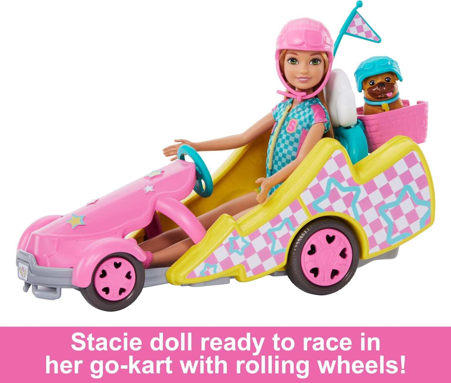 Barbie Muñeca Stacie con Kart Coche de Juguete, Mascota y Accesorios, de la película Stacie al Rescate, +3 años (Mattel HRM08