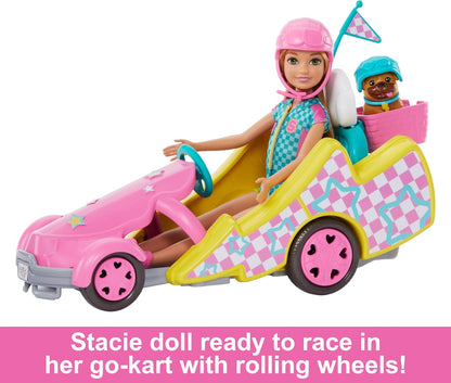 Barbie Muñeca Stacie con Kart Coche de Juguete, Mascota y Accesorios, de la película Stacie al Rescate, +3 años (Mattel HRM08