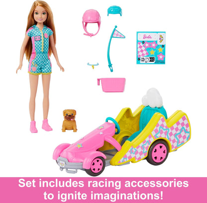 Barbie Muñeca Stacie con Kart Coche de Juguete, Mascota y Accesorios, de la película Stacie al Rescate, +3 años (Mattel HRM08