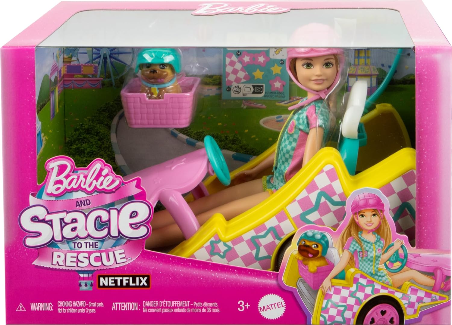 Barbie Muñeca Stacie con Kart Coche de Juguete, Mascota y Accesorios, de la película Stacie al Rescate, +3 años (Mattel HRM08