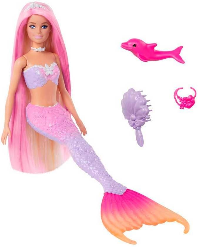 Barbie Muñeca sirena Malibú que cambia de color con el agua con accesorios de moda y delfín, serie Un toque de magia, juguete +3 años (Mattel HRP97)