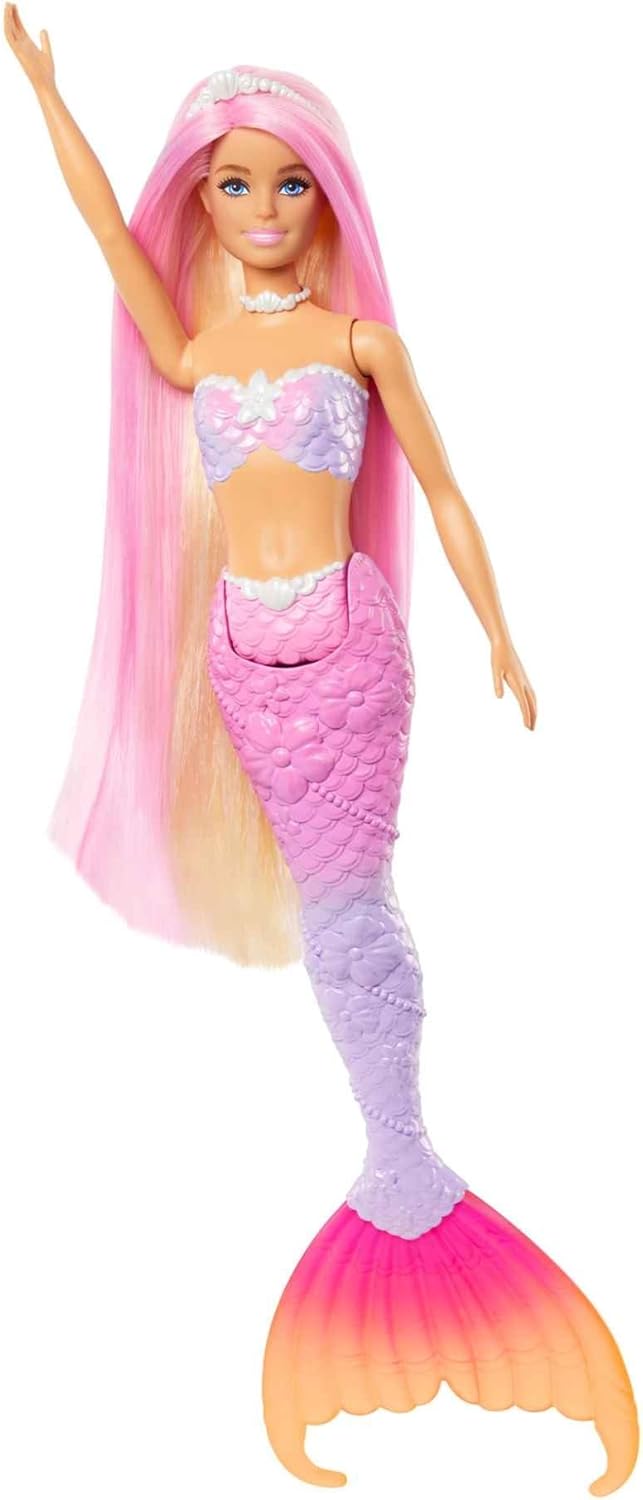Barbie Muñeca sirena Malibú que cambia de color con el agua con accesorios de moda y delfín, serie Un toque de magia, juguete +3 años (Mattel HRP97)