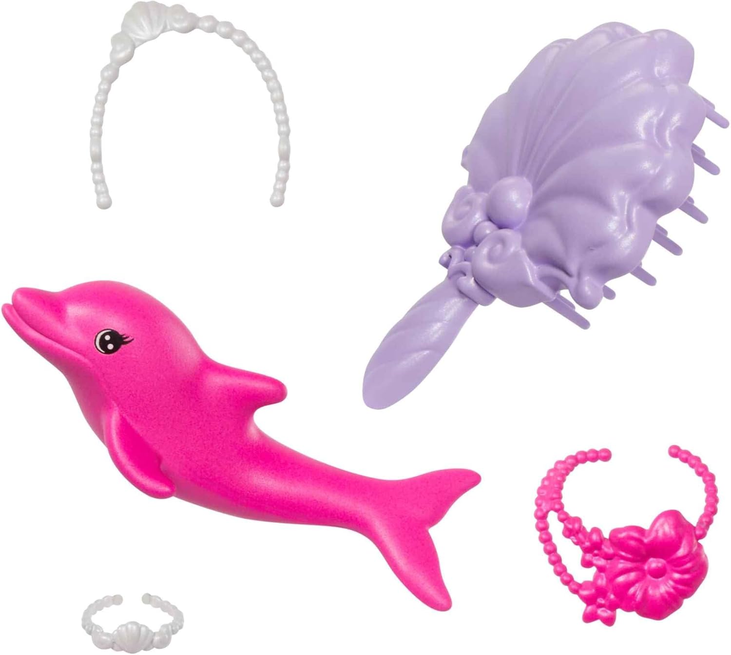 Barbie Muñeca sirena Malibú que cambia de color con el agua con accesorios de moda y delfín, serie Un toque de magia, juguete +3 años (Mattel HRP97)