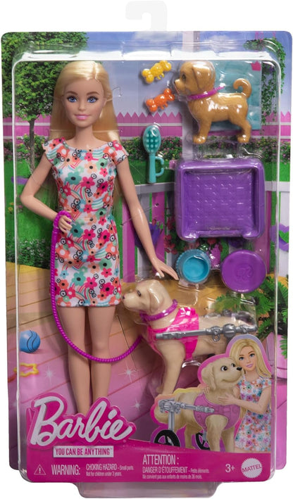 Barbie Muñeca Rubia paseadora de Perro con Silla de Ruedas extraíble, con 2 Mascotas y Accesorios, Juguete +3 años (Mattel HTK37