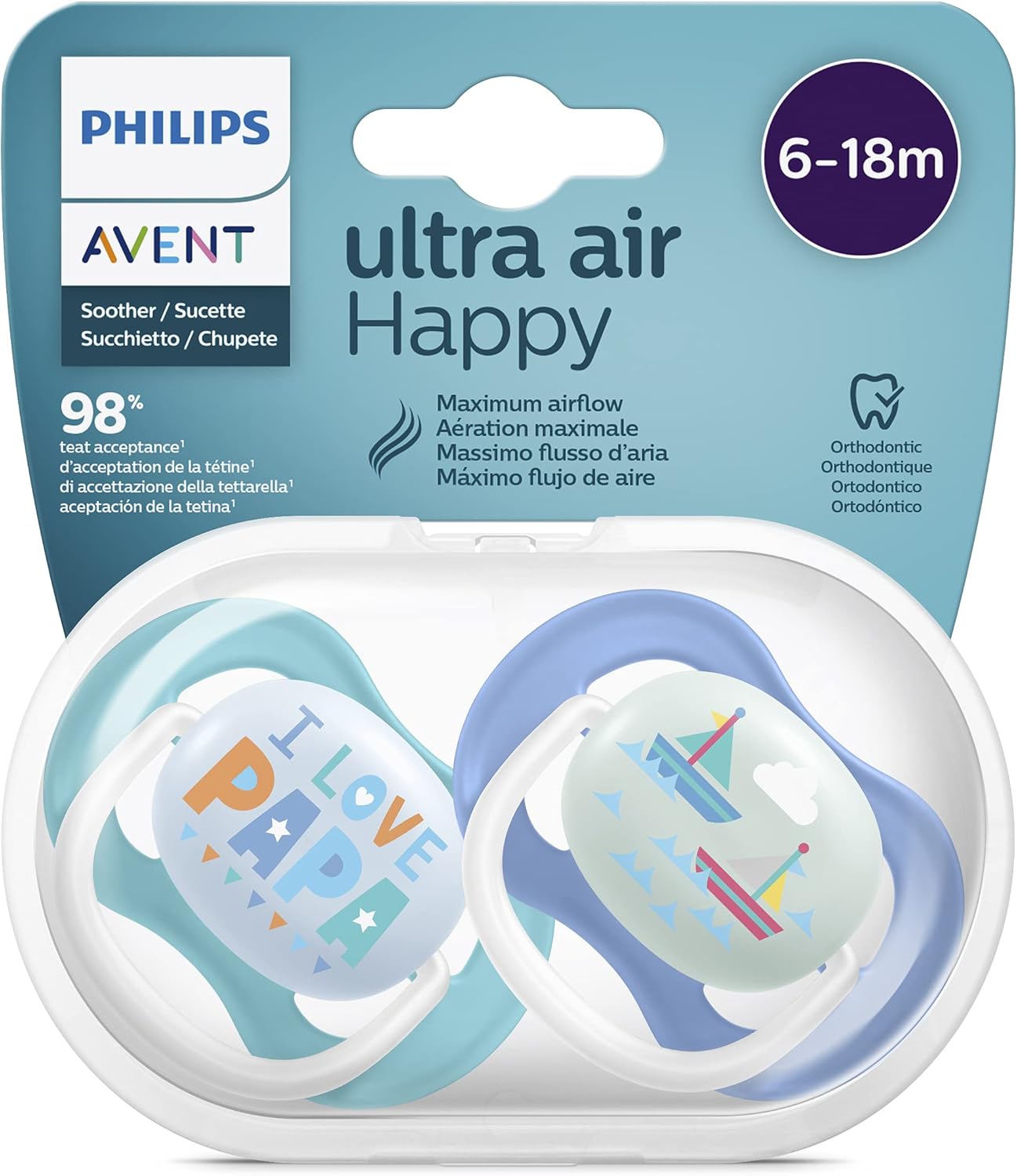 Ultra Air Philips Avent - 6 Months - Orthodontic and BPA Free - Pack of 2 - Includes Steriliser/Carry Bag SCF080/03, Quiet Shade-Clematis Blue
