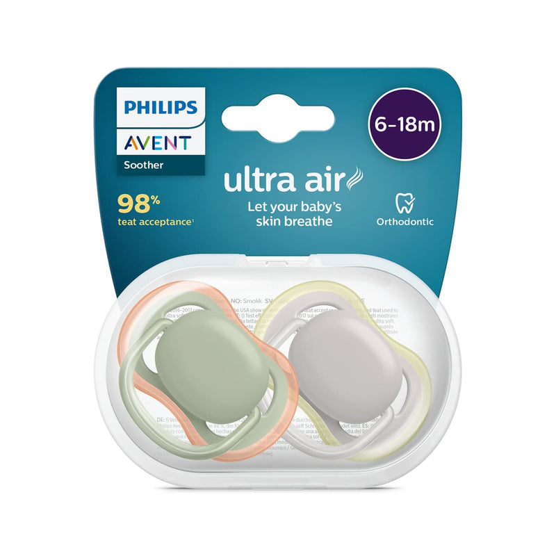 Philips Avent Ultra Air Schnuller, 2 Stück, BPA-freie Schnuller für Babys im Alter von 6–18 Monaten (Modell: SCF085/20) Grün/Orange 2 Stück (1er Pack)