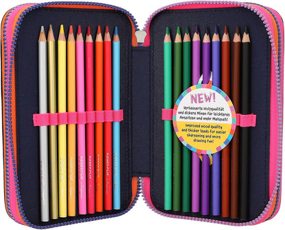 Depesche 12597 TOPModel Night Light Filled with 3 Compartments with Pattern Pattern, Dark Blue Pencil Case with Coloured Pencils, Ruler, Scissors and Much More, Multicoloured