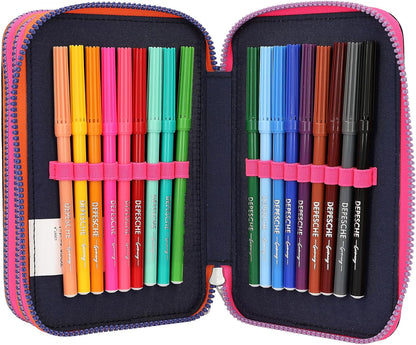 Depesche 12597 TOPModel Night Light Filled with 3 Compartments with Pattern Pattern, Dark Blue Pencil Case with Coloured Pencils, Ruler, Scissors and Much More, Multicoloured