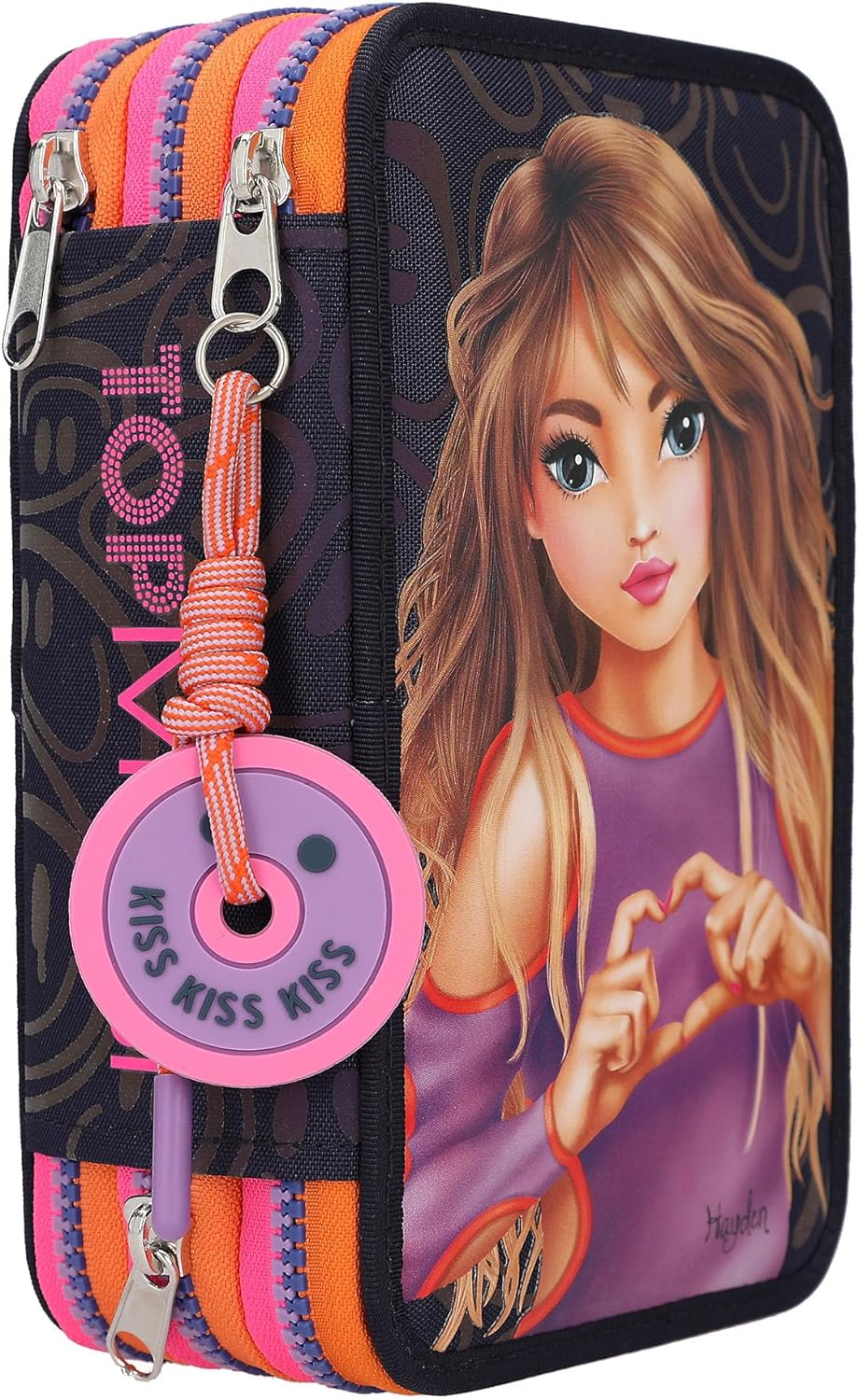 Depesche 12597 TOPModel Night Light Filled with 3 Compartments with Pattern Pattern, Dark Blue Pencil Case with Coloured Pencils, Ruler, Scissors and Much More, Multicoloured