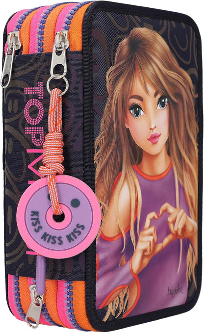 Depesche 12597 TOPModel Night Light Filled with 3 Compartments with Pattern Pattern, Dark Blue Pencil Case with Coloured Pencils, Ruler, Scissors and Much More, Multicoloured