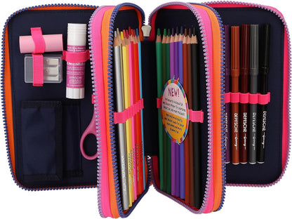 Depesche 12597 TOPModel Night Light Filled with 3 Compartments with Pattern Pattern, Dark Blue Pencil Case with Coloured Pencils, Ruler, Scissors and Much More, Multicoloured