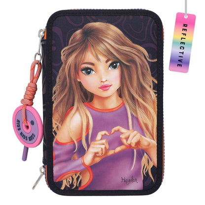 Depesche 12597 TOPModel Night Light Filled with 3 Compartments with Pattern Pattern, Dark Blue Pencil Case with Coloured Pencils, Ruler, Scissors and Much More, Multicoloured