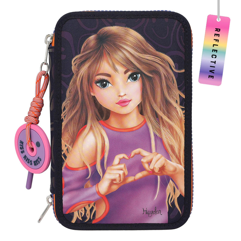 Depesche 12597 TOPModel Night Light Filled with 3 Compartments with Pattern Pattern, Dark Blue Pencil Case with Coloured Pencils, Ruler, Scissors and Much More, Multicoloured