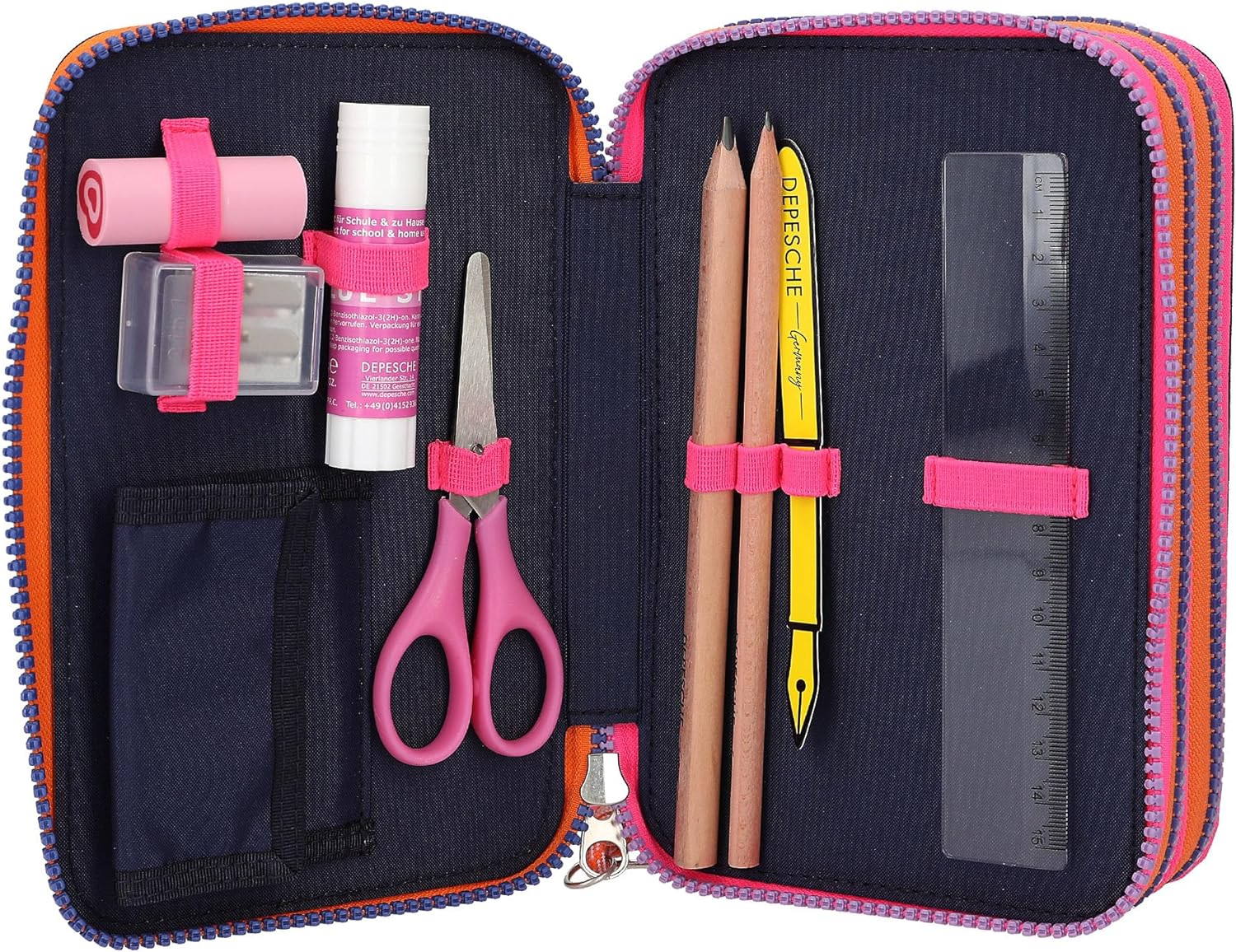 Depesche 12597 TOPModel Night Light Filled with 3 Compartments with Pattern Pattern, Dark Blue Pencil Case with Coloured Pencils, Ruler, Scissors and Much More, Multicoloured