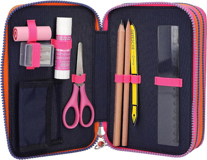 Depesche 12597 TOPModel Night Light Filled with 3 Compartments with Pattern Pattern, Dark Blue Pencil Case with Coloured Pencils, Ruler, Scissors and Much More, Multicoloured