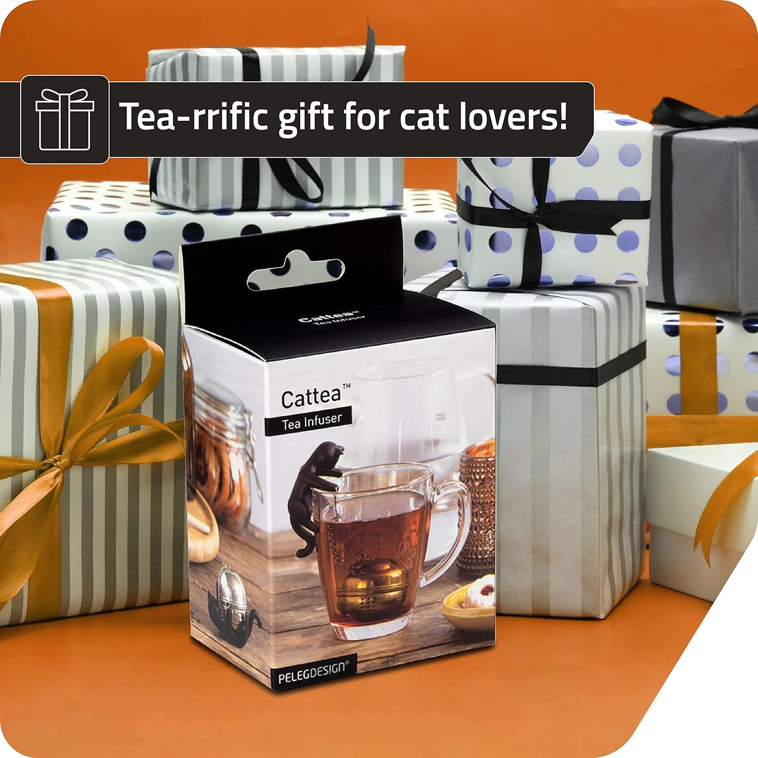 Cattea 2-in-1 Tea Infuser/Silicone Saucer | Cat-Inspired Tea Steeper to Brew Fresh Tea | Food-Grade Metal Tea Infuser | Cool Kitchen Gadgets | Tea Infusers for Loose Tea | by Peleg Design