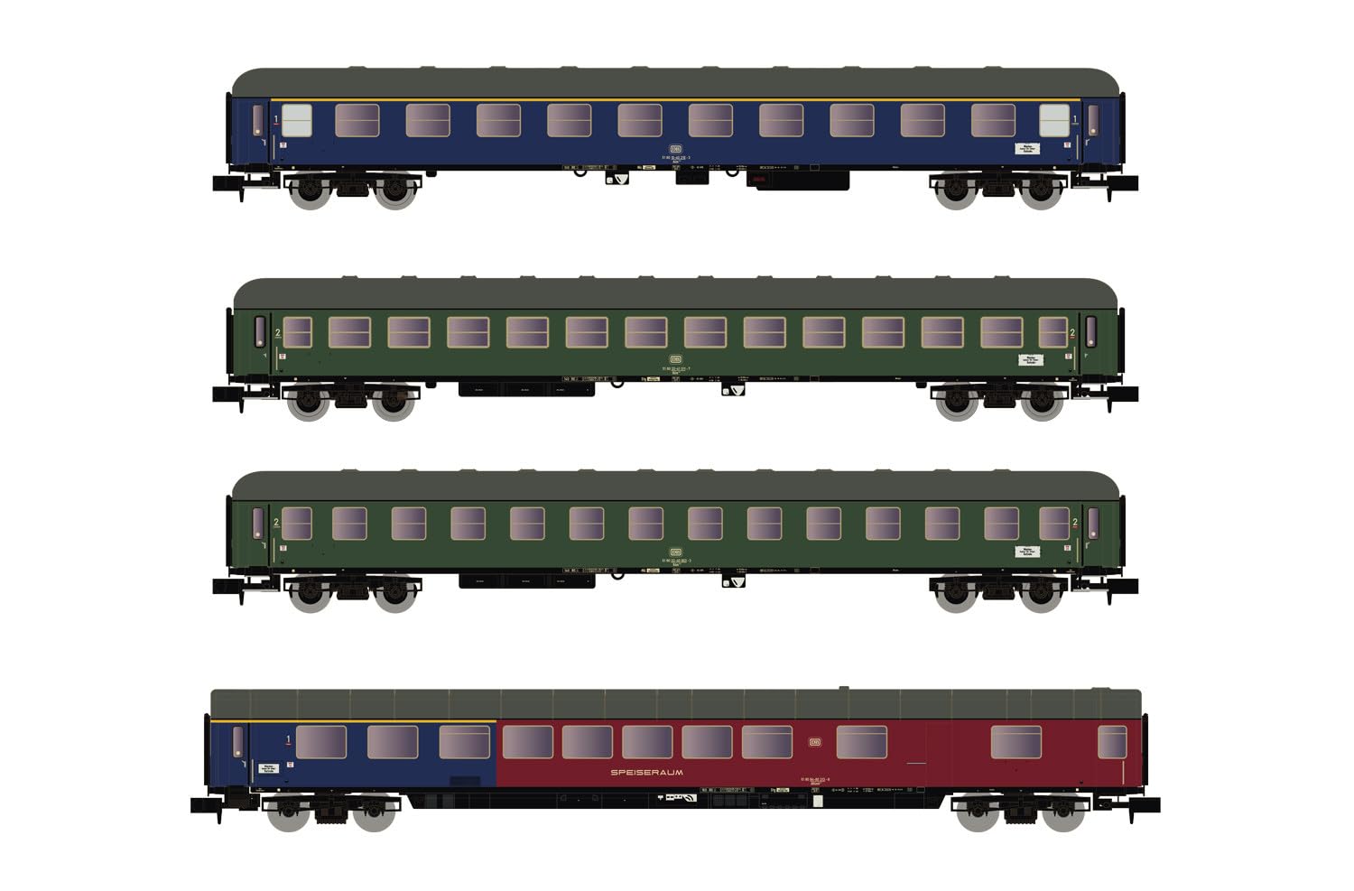 Arnold HN4359 DB, 4-unit pack coaches, 1 x Am, 2 x Bm, 1 x ARm217, blue resp. green livery, period IV Rolling Stock - Coaches