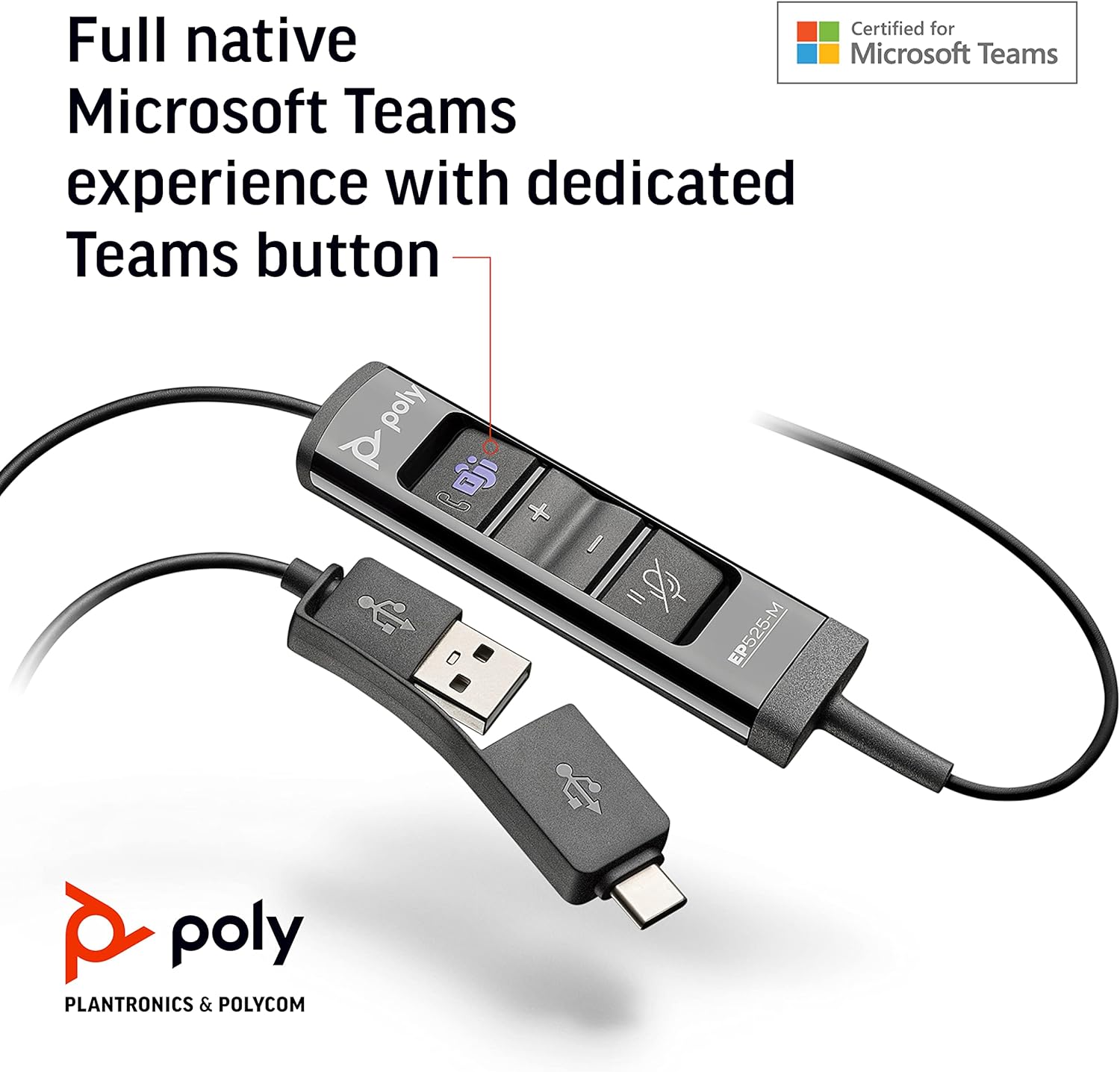 Plantronics Poly – EncorePro 525-M USB-A and USB-C USB headset () –– Acoustic Hearing Protection - Hold & Call Answer buttons – Optimized for Teams- Dual ear