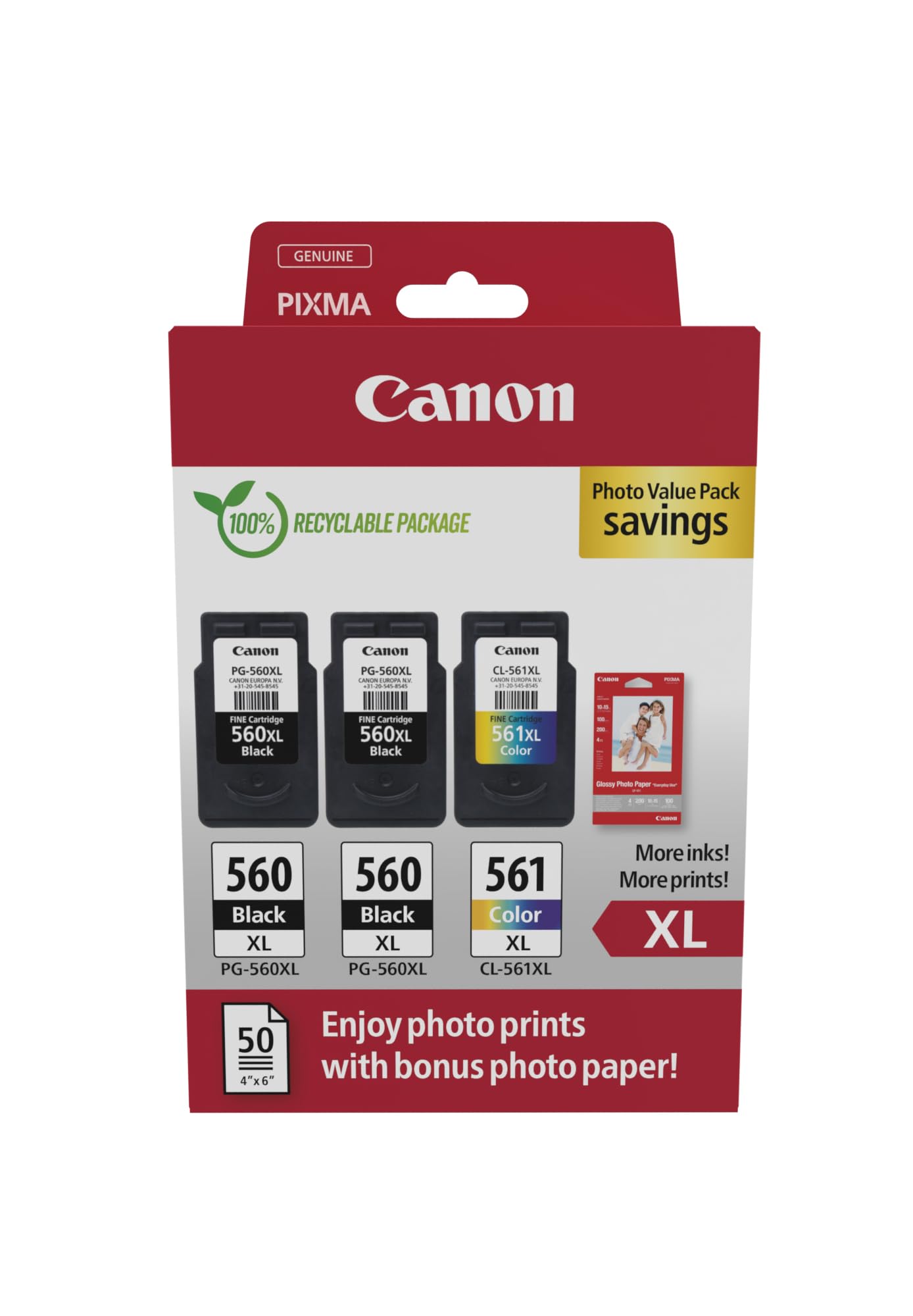 Canon PG-575XL / CL-576XL High Yield Genuine Ink Cartridges, Pack of 2 (1 x Black, 1 x Colour); Includes 50 sheets of 4x6 Photo Paper - Cardboard Multipack
