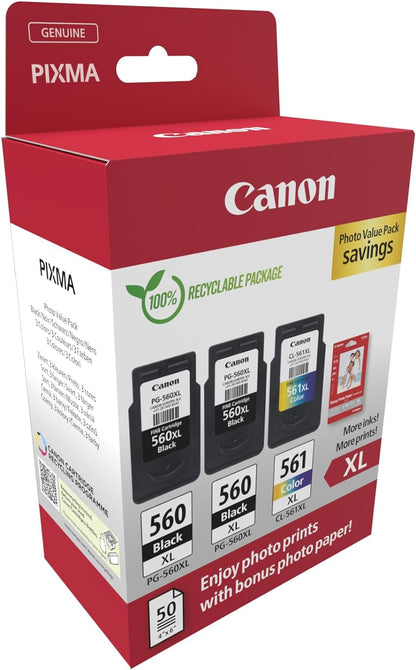 Canon PG-575XL / CL-576XL High Yield Genuine Ink Cartridges, Pack of 2 (1 x Black, 1 x Colour); Includes 50 sheets of 4x6 Photo Paper - Cardboard Multipack