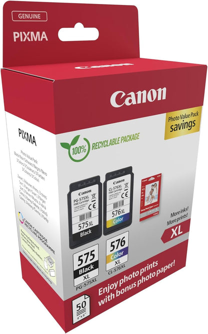 Canon PG-575XL / CL-576XL High Yield Genuine Ink Cartridges, Pack of 2 (1 x Black, 1 x Colour); Includes 50 sheets of 4x6 Photo Paper - Cardboard Multipack